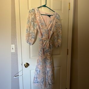 DKNY pink and blue dress. Tie waist, faux wrap, sheer puff sleeves